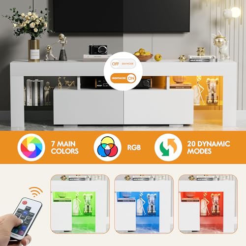 YESHOMY Modern LED TV Stand for Televisions up to 70 Inch with Glass Shelves and Drawer, Gaming Entertainment Center with Multiple Dynamic RGB Modes, for Livingroom, Bedroom, 60 Inch, White YESHOMY