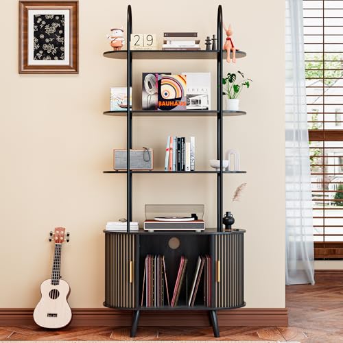 Tall Vinyl Record Player Stand, Black Small Record Storage Cabinet, 4 Tier Arched Bookshelf with Sliding Doors, Fluted Media Display Shelf, Mid Century Modern Turntable Stand for Living Room, Retro Woemtoric