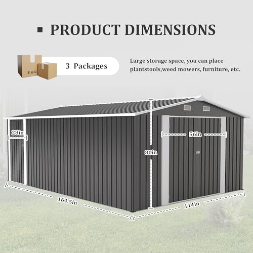 YOPTO 10x14 FT Outdoor Storage Shed, Extra Large Metal Garden Shed with Waterproof Roof, 4 Vents and 3 Lockable Doors,All-Weather Tool Shed Storage House for Backyard, Patio, Lawn,Dark Grey YOPTO