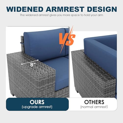 VONZOY 13 Piece Patio Furniture Set with Fire Pit Table, Outdoor Conversation Sets Grey Wicker Rattan Sectional Sofa, 4'' Thickened Cushion Navy Blue (Include Waterproof Cover) VONZOY