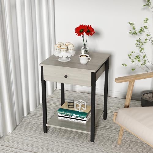 Ecoprsio Nightstand Set of 2 Modern End Table Side Table with Drawer and Storage Shelf Wood Night Stand Greige Bedside Table for Bedroom, Living Room, Sofa Couch, Hall, Easy Assembly, Greige Ecoprsio