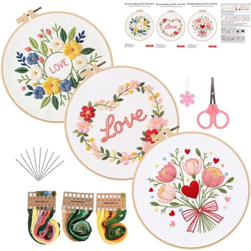 Konrisa 3pcs Love Flower Embroidery Kits for Beginners Adults, DIY Sewing Needlepoint Cross Stitch Kits for Anniversary Valentine's Day, Brithday, Christmas and Home Decoration