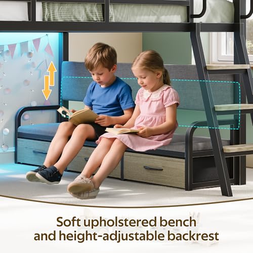 busyaeh Low Loft Bed Full Size,Full Loft Bed for Kids with 9 Storage Drawers & 15.8" H Safety Guardrail & Inclined Ladder & Safety Handrail & LED Lights and Charging Station,Toddler Loft Beds,Oak Gray busyaeh