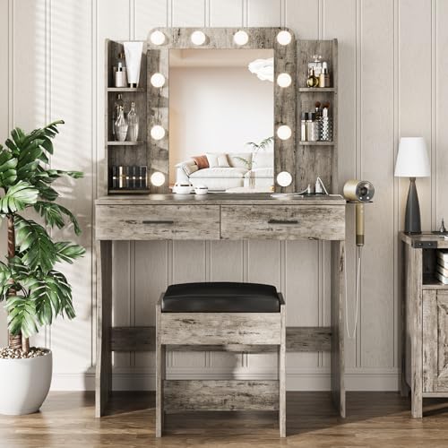 Vabches Vanity Desk with Mirror and Lights,Makeup Vanity Table with Charging Station,2 Drawer Bedroom Dressing Table with 3 Colors Modes Dimming & Cushioned Stool,Light Rustic Oak Vabches