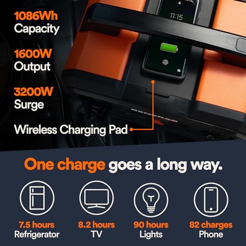 Generac 8025 GB1000 1086Wh Portable Power Station with Lithium-Ion Battery - Clean, Emission-Free Power - Wirless Charging Pad and Compact Design - Camping, RV, Indoor/Outdoor Use - Orange/Black Generac
