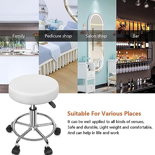 KKTONER PU Leather Round Rolling Stool with Foot Rest Swivel Height Adjustable Stool Spa Drafting Salon Tattoo Work Office Massage Task Chair White Small (White) KKTONER