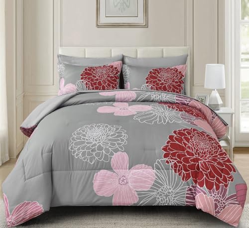 Yiran Burgundy Pink Red Floral Comforter Set Bed in a Bag Flower Comforter Set Soft Microfiber Bedding Set King 104''x90'' Yiran