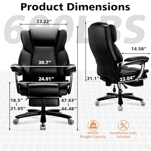 600lbs Big and Tall Office Chair for Heavy People,Heavy Duty Comfy Executive Office Desk Chair with Adjustable Lumbar Support,High Back Reclining PU Leather Computer Chair,Metal Base (Classic, Black) WAILOR