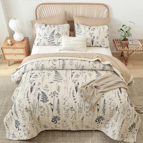 JANZAA Twin Quilt Beige Quilt Bed Spread Boho Quilt with Floral Pattern Microfiber Quilts Set 2 Pieces Lightweight Comforter Reversible Bedding Set,1Quilt 66x90 inches,1 Pillowcase JANZAA