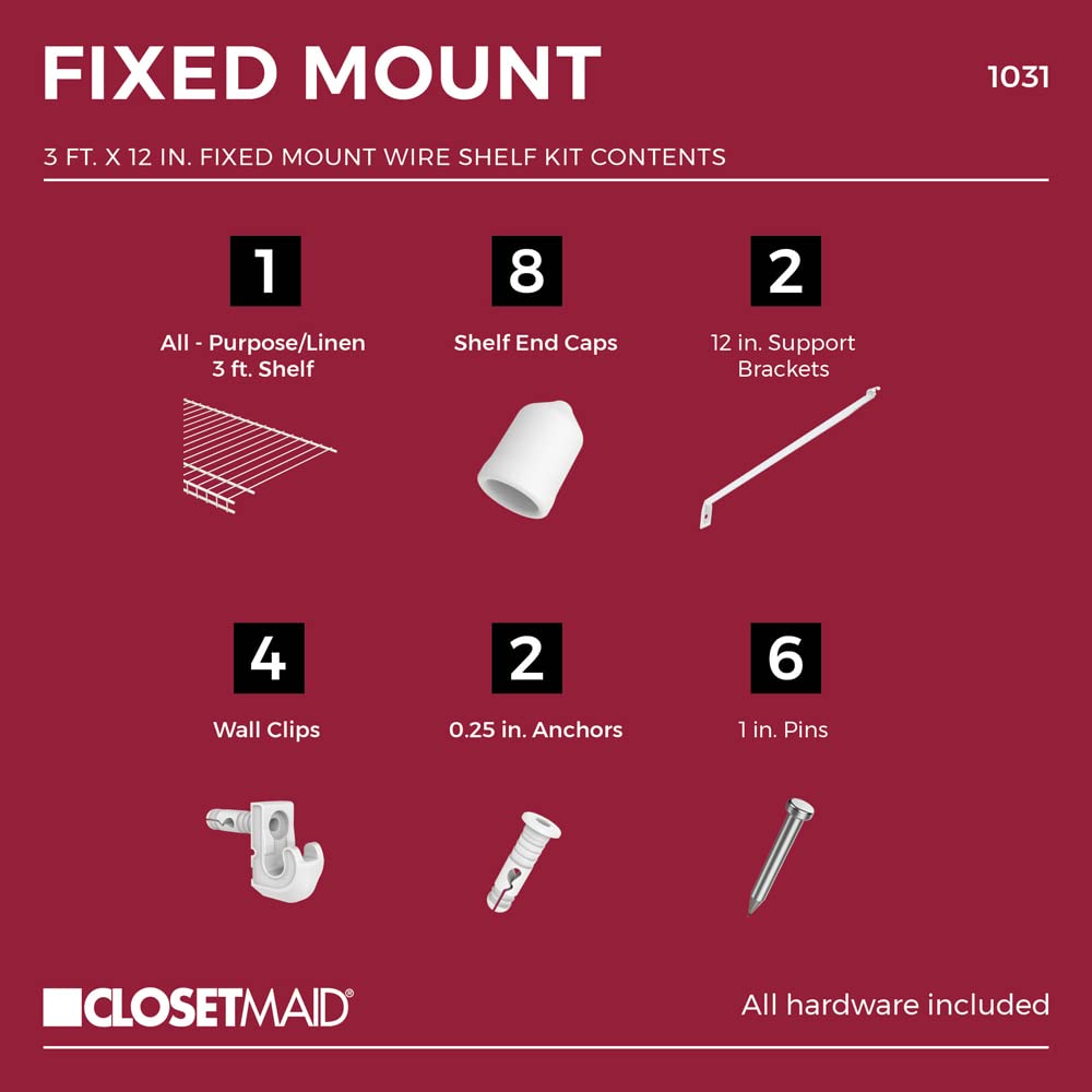 ClosetMaid Wire Shelf Kit with Hardware, 3 Ft. Wide, for Pantry, Closet, Laundry, Utility Storage, White Vinyl Finish ClosetMaid