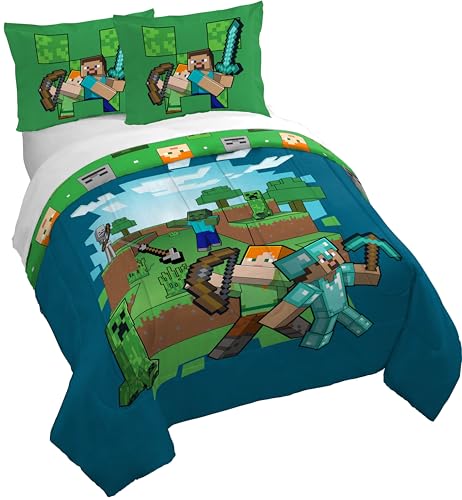 Jay Franco Kids Duvet Cover Set – 3 Piece Super Soft Bedding with Sham Pillowcase, Cover ONLY Comforter Not Included, Blue - Minecraft, Full Jay Franco