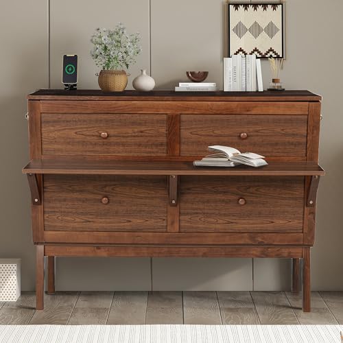 Ball & Cast Murphy Bed Full W/Desk & 2 Removable Shelves,Cabinet Bed W/ 2 USB Port & Power Outlets,Hidden Foldable Wall Bed Frame for Home Office,Apartment,Guest Room,Walnut Ball & Cast