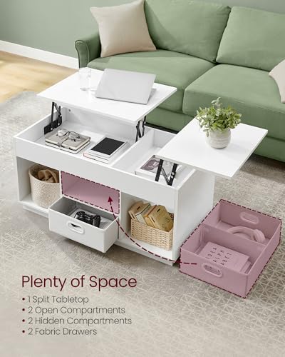 VASAGLE Coffee Table, Lift Top Coffee Table with 2 Drawers and Hidden Compartments, Center Table with Lift Tabletop, Open Compartments, for Living Room, Home Office, Snow White ULCT210W01 VASAGLE