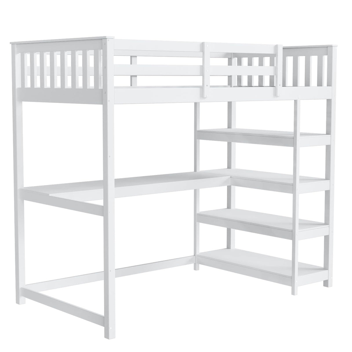 Bunk Bed with Desk and 4-Layer Shelves, Loft Bed Twin Size with Under Desk and Bookcase Storage, Twin Bed Frame for Kids, Adults& Young Teens, White JOYMOR