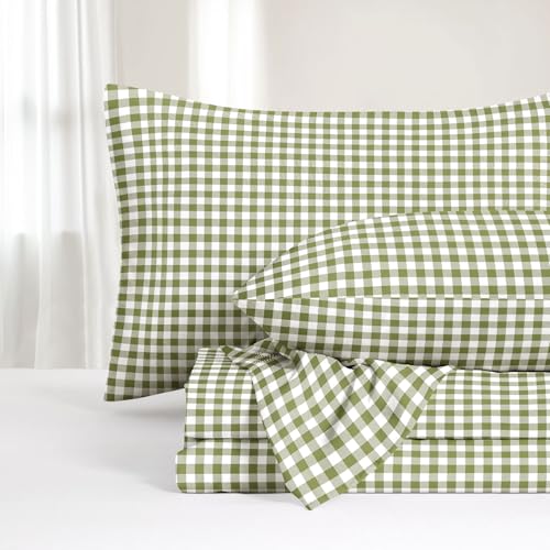 Wake In Cloud - Gingham Bed Sheets, 4-Piece Sheet Set, Plaid Checkered Check Pattern Printed Cute Preppy College Dorm Bedding, Deep Pocket, Moss Green, Full Size Wake In Cloud