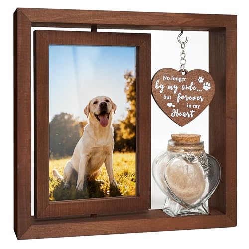 Dog Memorial Gifts for Loss of Pet - Rotating Wooden Frame for 4x6 Photo & Fur Hair Jar - Sympathy Gift for Pet Bereavement, Remembrance Keepsake - Rainbow Bridge Gift for Dog Lovers & Cat Lovers
