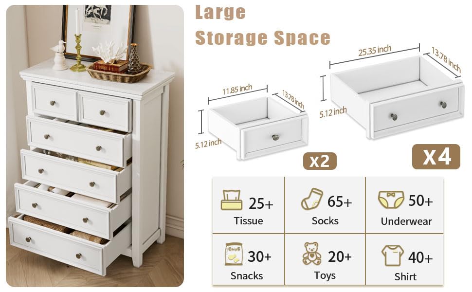 BLANKSPACE White Farmhouse Dresser, 6 Chest Drawer Dresser for Bedroom, Large Capacity Nightstand, Modern Tall Wood Cabinet for Bedroom, Living Room, Closets, Hallway BLANKSPACE