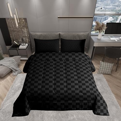 Manfei Black and Gray Checkered Kids Comforter Set,Geometric Plaids Grids Simple Bedding Set All Season,Abstract Checkerboard Buffalo Squares Comforter 2 Pcs with 1 Pillowcase,Twin Size Manfei