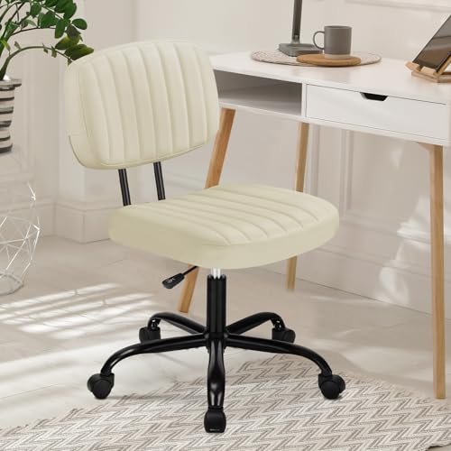 DUMOS Armless Home Office Desk Chair -Small Ergonomic with Low Back Lumbar Support, Height Adjustable PU Leather Computer Task with 360° Swivel Rolling Wheels, for Small Space, Beige White DUMOS