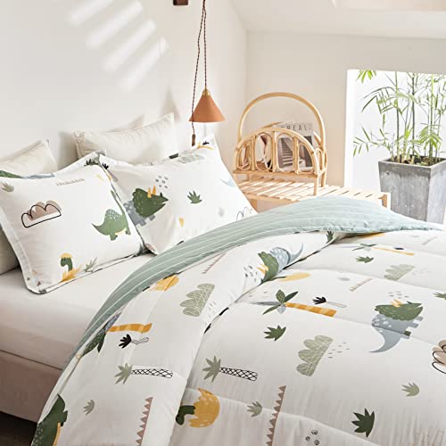 Joyreap Dinosaur Kids Cotton Comforter Set for Boys Girls, Twin Size 3pcs Cotton Bedding Comforter, Fresh Green Dinosaurs on White Design, Skin-Friendly Breathable for All Season- 68x88 inches Joyreap