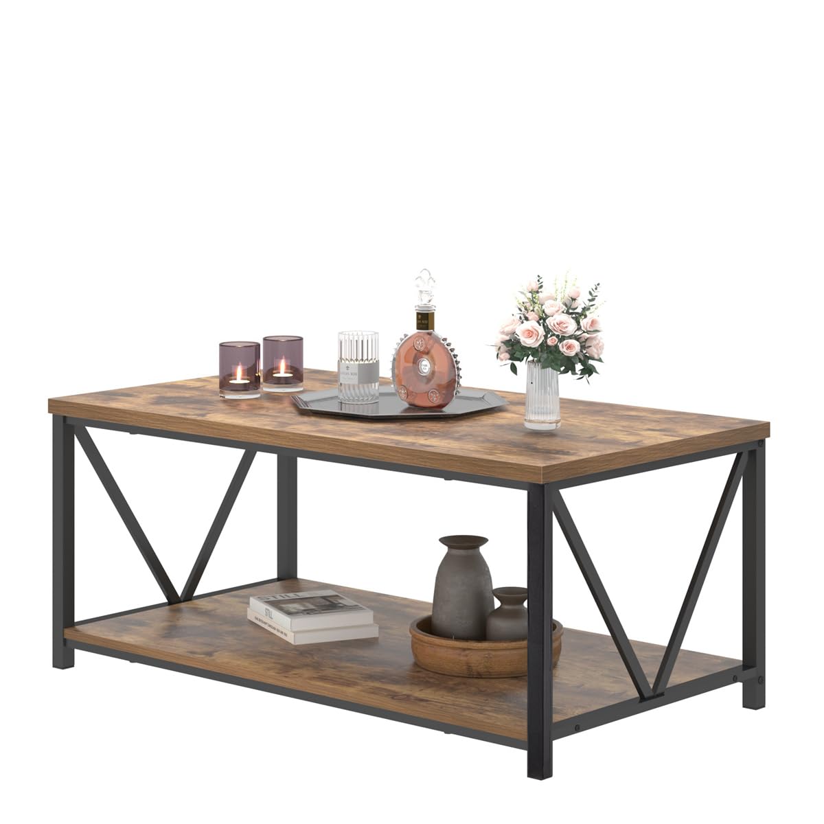 EXCEFUR Modern Coffee Table, Industrial Metal and Wood Living Room Table with Storage Shelf, Rustic Brown EXCEFUR