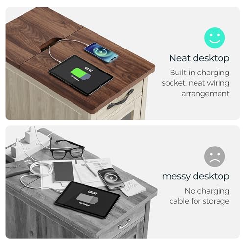 LINSY HOME Farmhouse End Table with Charging Station, Narrow Side Table for Living Room, Sofa Side Table with Drawer and Storage Cabinet, Small Nightstand for Bedroom LINSY HOME