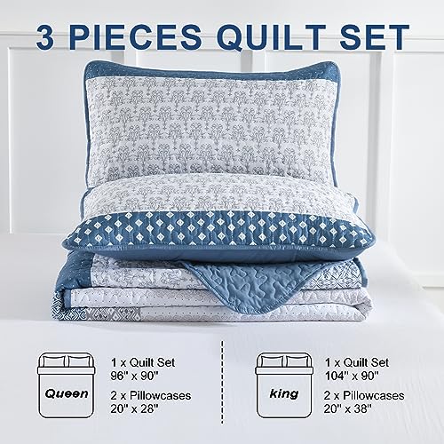 WONGS BEDDING Blue Quilt Queen Size, Bohemian Stripe Quilt Sets 3 Pieces Boho Quilted Bedspread Set Lightweight Microfiber Coverlet Bedding Set All Season (96"x90") WONGS BEDDING