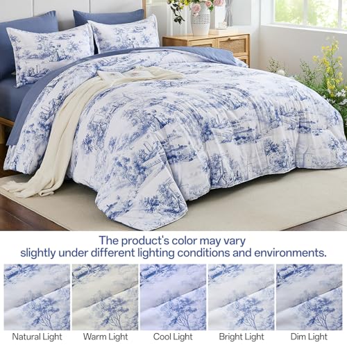 WONGS BEDDING Blue Comforter Set King, 7 Pieces Bed in a Bag Farmhouse Comforter with Sheets, French Toile Bedding Set, Soft Lightweight Microfiber Botanical Print Complete Bed Set for All Season WONGS BEDDING