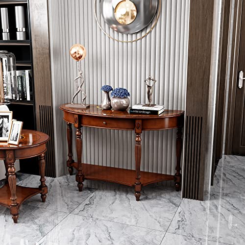 Solid Wood Semi-Circle Sofa Table with Drawer, 45.3" Traditional Living Room Console Table with Open Bottom Shelf 2-Tier Vintage Elliptical Entry Table for Home Office,Cherry Walnut SFZ1533 PADMA HOUSE