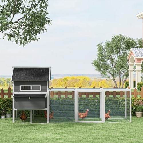 PawHut 137" Wooden Chicken Coop for 8-10 Chickens, Large Chicken House, Poultry Hen Cage with Nesting Box and Run for Backyard, Gray PawHut
