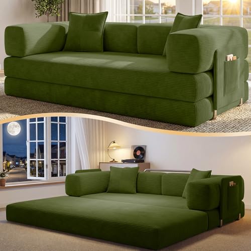 CUBENTE 78.8" Convertible Sofa Bed,Corduroy Futon Couch with Storage Pocket,Folding Pull Out Futon Sofa,No Assembly Boneless Couch for Living Room,Green CUBENTE