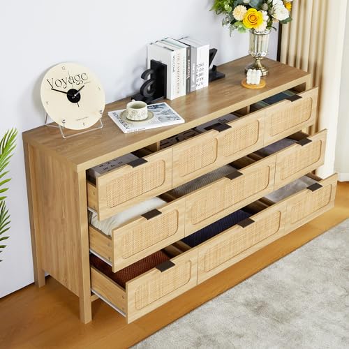 LEVNARY 9 Drawer Dresser for Bedroom, Rattan Dressers & Chest of Drawers, Large 58" Long Dressers Wooden Storage Organizer Dresser for Closet, Entryway, Living Room (Natural) LEVNARY