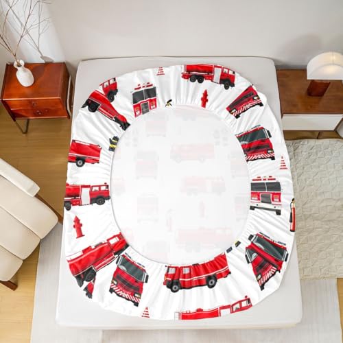 Erosebridal Fire Truck Sheet Set King for Boys Teens Girls Firemen Car Vehicle Flat Sheet Kids Youth Firefighter Truck Fitted Sheet Red Fire Fighting Supplies Print Bed Sheet Set with 2 Pillowcases Erosebridal