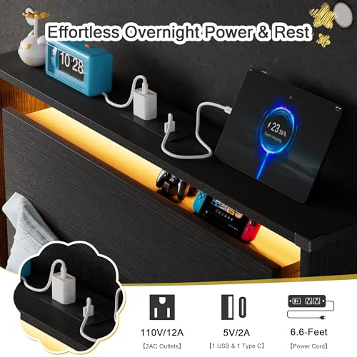Einhomn Twin Bed Frames with LED Lights and Charging Station - Wood Floating Bed Frame with Storage Headboard, Adhesive Slats, Kick-Free & Noise-Free Design, Easy Assembly, Black Einhomn
