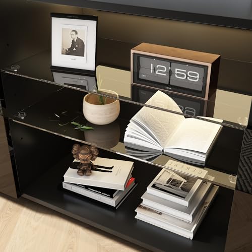 SUSSURRO LED TV Stand for 60/65 inch TV, Television Table Center Media Console with Drawer and Led Lights, High Glossy Modern Entertainment Center for Living Game Room Bedroom, Black SUSSURRO