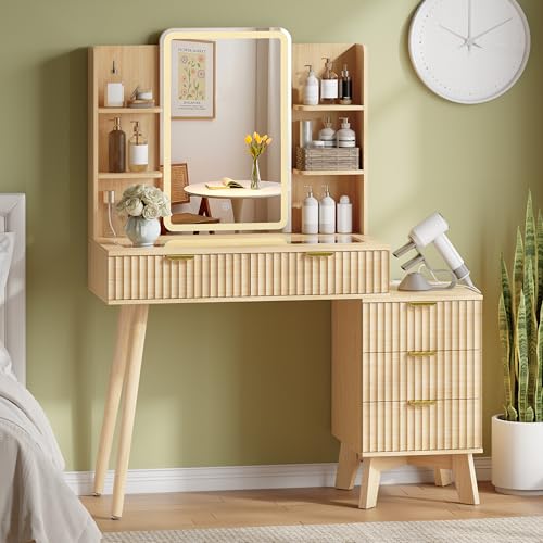 IAISRO 42'' Fluted Makeup Vanity Desk with LED Lights Mirror & Charging Station, Modern Glass Top Vanity Table with 5 Drawers & Open Shelves, Dressing Table for Bedroom, Living Room, Oak IAISRO