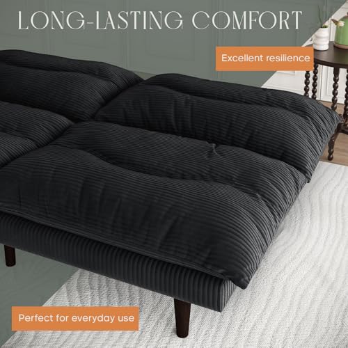 DreamDashio Futon Sofa Bed, 69 inch Futon Couch with Adjustable Backrest, Corduroy Convertible Sleeper Sofa Bed, Folding Sleeper Recliner for Apartment, Living Room, Office, Black DreamDashio