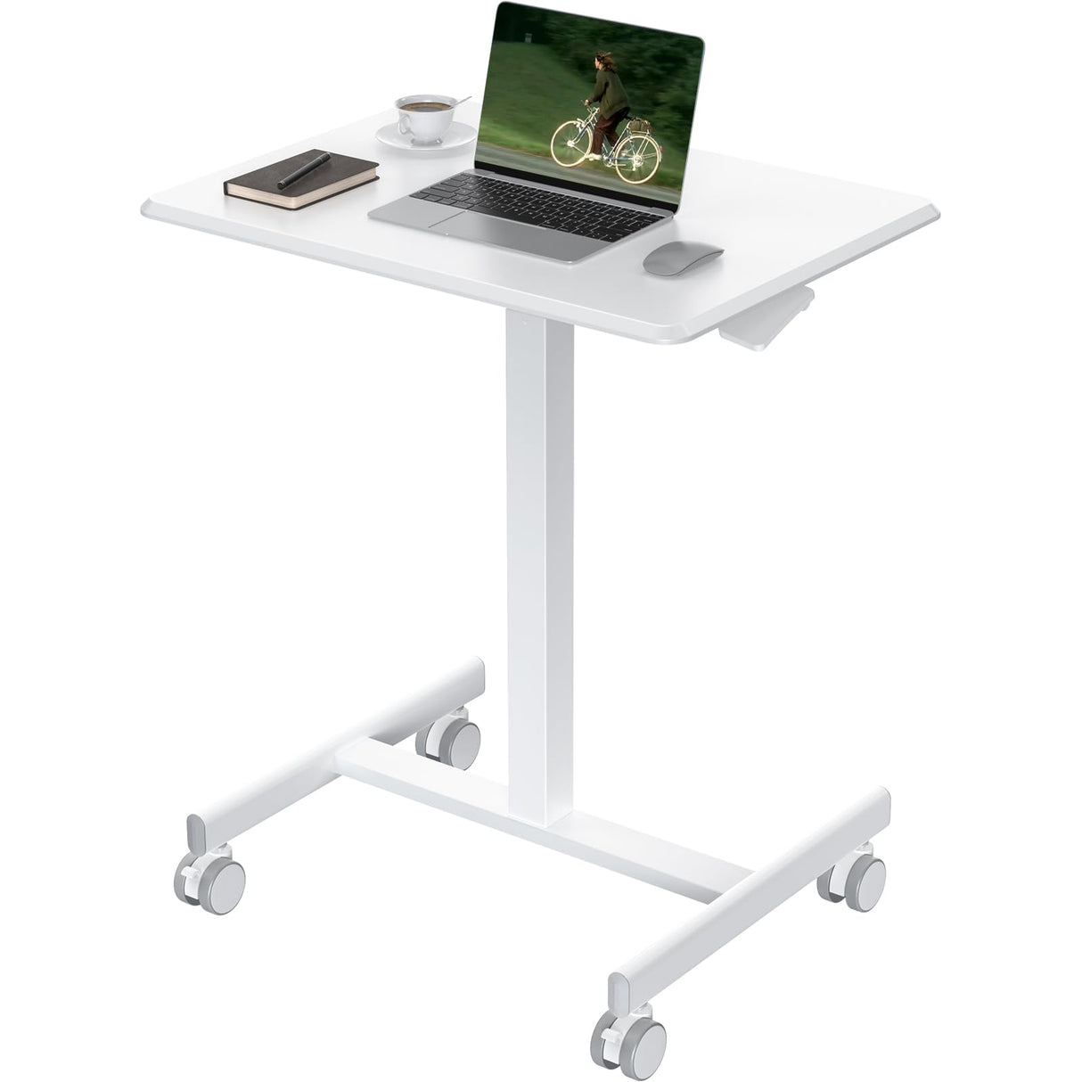 OLIXIS Small Standing Desk Adjustable Height, Portable Rolling Table on Wheels, 19 Inch Computer Mobile Desk Workstation for Home Office, White OLIXIS