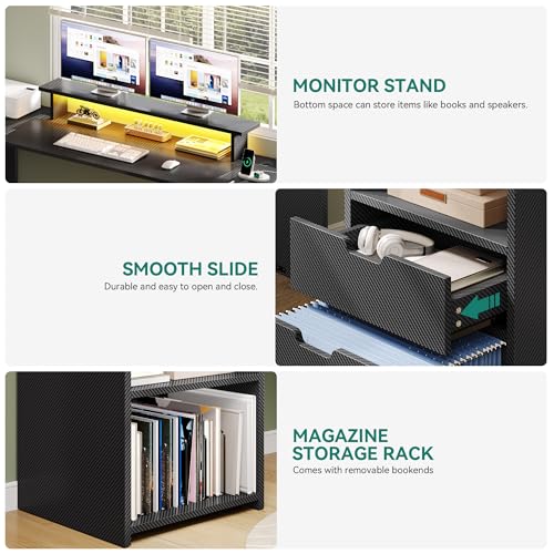 DWVO U Shaped Desk with Drawers, Gaming Desk with Power Outlets & LED Lights, Wood Computer Desk Home Office Desks with Storage Shelves, Black Carbon Fiber DWVO