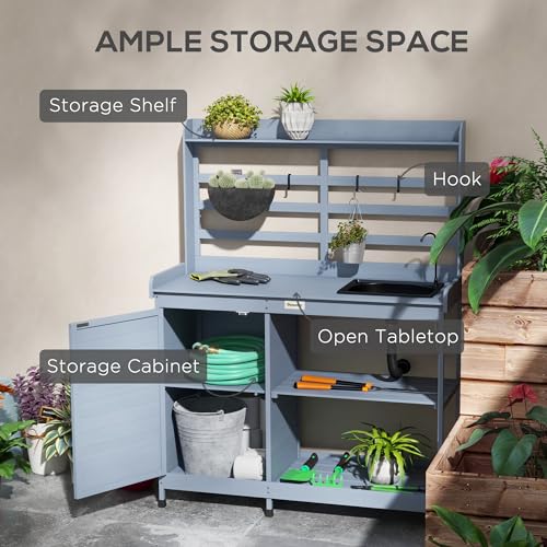 Outsunny Wooden Potting Bench, Outdoor Potting Table with Storage Cabinet, Storage Shelves for Backyard, Patio, Balcony, Gray Outsunny