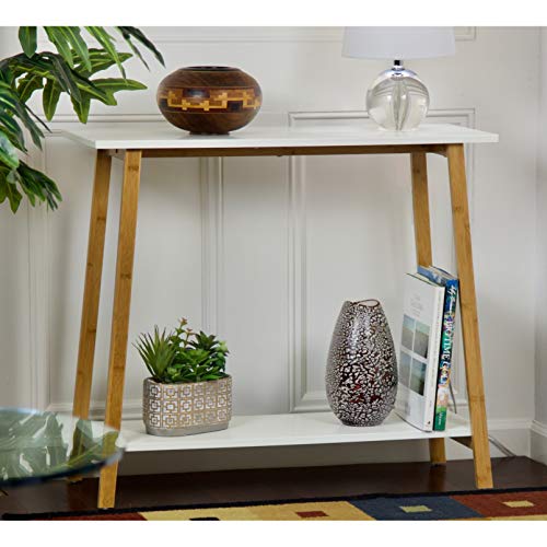 2 Tier Solid Bamboo Frame Console Table White Modern Contemporary Rectangle Matte Shelf Unknown