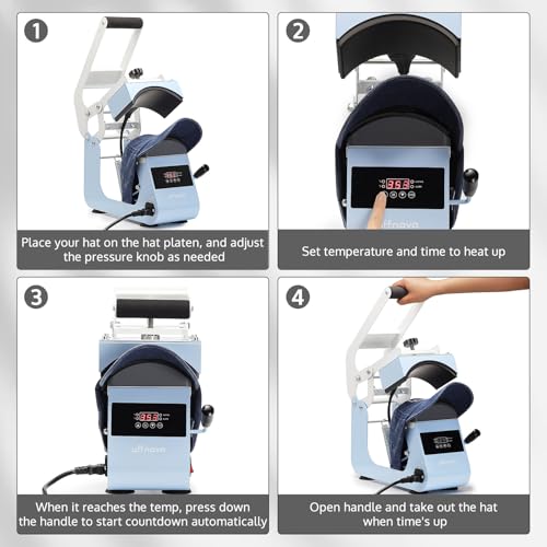 OFFNOVA Hat Heat Press Machine for Caps with 2 Interchangeable Platens, Temp & Time Control with Auto Countdown, Efficient Heat Transfer for HTV Iron On and Sublimation Projects (Handle-Blue) OFFNOVA