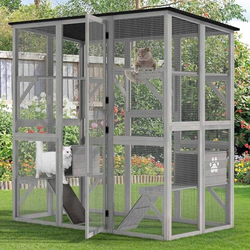 YITAHOME Catio Outdoor Cat Enclosure Large, Tall Wooden Cat House with Weatherproof Asphalt Roof, Cat Cage Playpen with Multiple Platforms & 2 Resting Boxes, 70.9" L x 38.2" W x 70.9" H YITAHOME