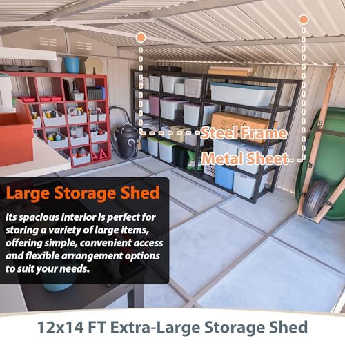 YOPTO 12x14FT Outdoor Storage Shed Metal Shed W/Floor Frame,Garden Tool House W/ 4 Air Vents,Lockable Double Doors & Sloped Roof,for Patio,Lawn,Backyard,Light Gray YOPTO