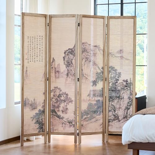 Svimi Oriental Style 4 Panel Room Divider and Folding Screen Room Divider,Freestanding Partition Screen,67″H x 64″W (Landscape, Bamboo Curtain) Svimi