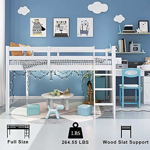 VINGLI Junior Low Loft Bed with Stairs, White Wood Loft Bed Full Size for Adults, Kids and Young Teens, No Box Spring Required,Wood Slat Support VINGLI