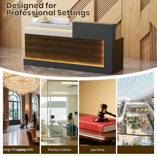Laxodor 86.6“L-Shaped Reception Desk with Counter,Modern Reception Desk,Front Counter Table with Adjustable File Cabinet & Keyboard Tray,for Office, Hotel,Financia/Law Firms (Brown+Gray+White) Laxodor