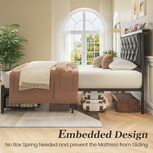 Fluest Twin Bed Frame with Storage Drawer, Upholstered Headboard Button Tufted Bed Frame with Charging Station, No Box Spring Needed, Noise-Free, All Metal Structure, Black Fluest