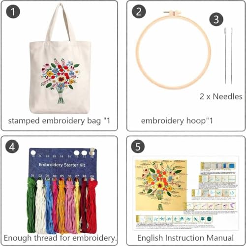 Mordely Flower Bouquet Embroidery Tote Bag Kit for Beginners, DIY Hand Embroidery Starter Set with Canvas Bag, 7.9 Inch Hoop, Colour Threads, 2 Needles and English Instructions