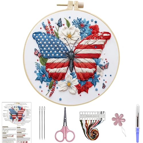 ARTopet Embroidery Kit for Beginners Cross Stitch Kits Independence Day Needlepoint Set for Craft Lover Hand Stitch with Threads 7.87in Hoop Fabric-Butterfly